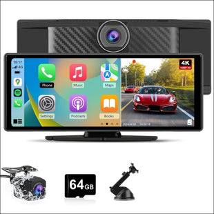 Car Stereo 10.25 inch Portable Car Audio Carplay Android Auto Airplay MirrorLink 4K Dash Cam + 1080P Rear Backup Camera + 64GB Micro SD Card Driving