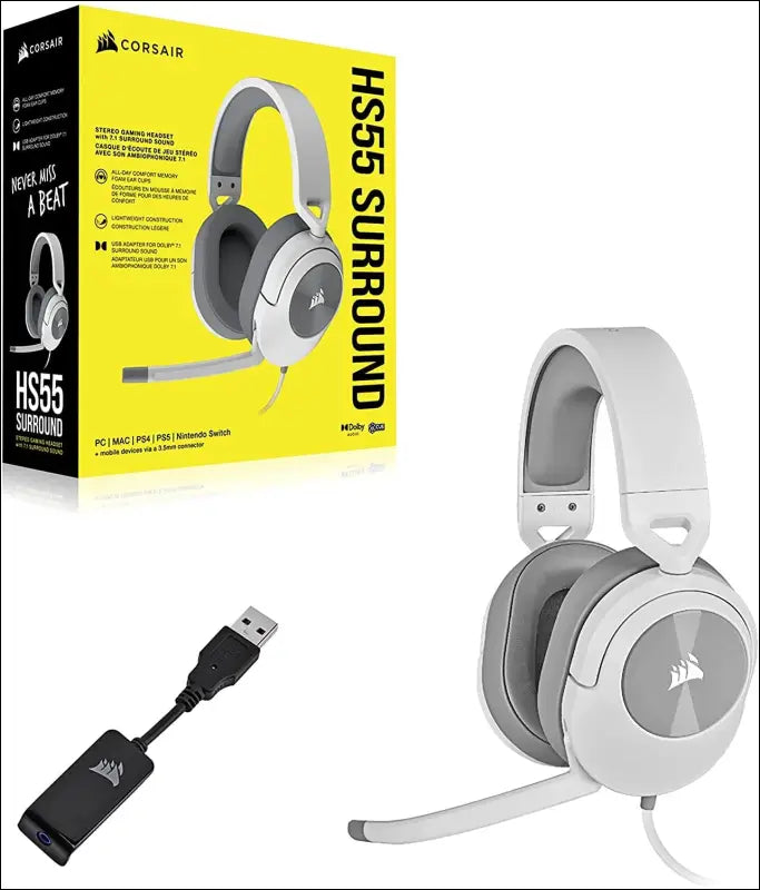 CORSAIR HS55 SURROUND Gaming Headset (Leatherette Memory Foam Ear Pads, Dolby Audio 7.1 Sound on PC and Mac, Omni-Directional Microphone, Multi-Platform Compatibility) White...