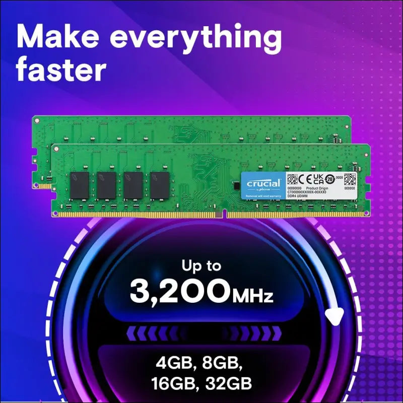 Crucial DDR4 3200MHz UDIMM CL22 Desktop Memory, 16GB(2x8GB)