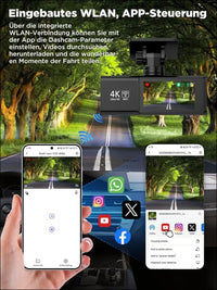 Dash Cam Car, 4K + 1080P Dash Cam Car Front Rear, WiFi Dash Cam with 64GB SD Card, Dual Car Camera with Night Vision, 170° Wide Angle WDR, G-Sensor, Loop Recording, App Control,...