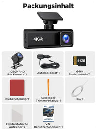 Dash Cam Car, 4K + 1080P Dash Cam Car Front Rear, WiFi Dash Cam with 64GB SD Card, Dual Car Camera with Night Vision, 170° Wide Angle WDR, G-Sensor, Loop Recording, App Control,...