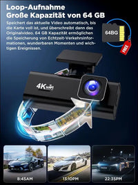 Dash Cam Car, 4K + 1080P Dash Cam Car Front Rear, WiFi Dash Cam with 64GB SD Card, Dual Car Camera with Night Vision, 170° Wide Angle WDR, G-Sensor, Loop Recording, App Control,...