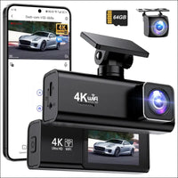 Dash Cam Car, 4K + 1080P Dash Cam Car Front Rear, WiFi Dash Cam with 64GB SD Card, Dual Car Camera with Night Vision, 170° Wide Angle WDR, G-Sensor, Loop Recording, App Control,...