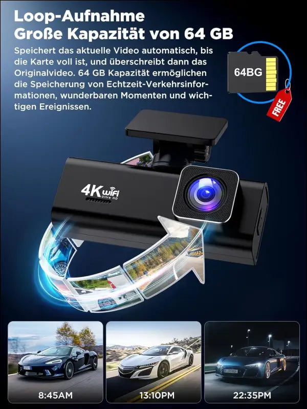 Dash Cam Car, 4K + 1080P Dash Cam Car Front Rear, WiFi Dash Cam with 64GB SD Card, Dual Car Camera with Night Vision, 170° Wide Angle WDR, G-Sensor, Loop Recording, App Control,...