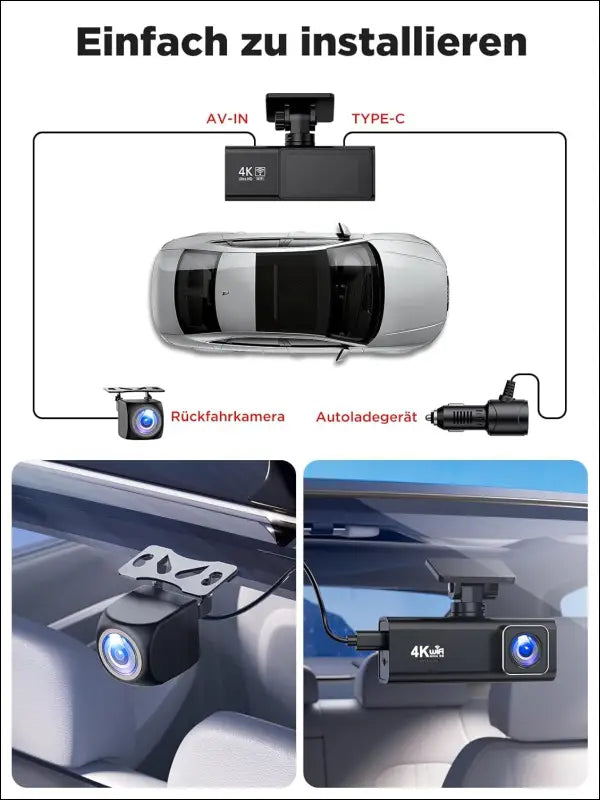 Dash Cam Car, 4K + 1080P Dash Cam Car Front Rear, WiFi Dash Cam with 64GB SD Card, Dual Car Camera with Night Vision, 170° Wide Angle WDR, G-Sensor, Loop Recording, App Control,...