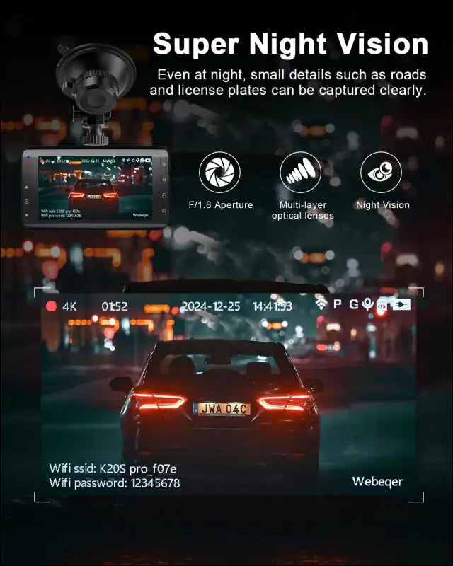 Dash Cam Car Front Rear 4K, WiFi Dash Cam with 64GB SD Card, Dash Cam Car with Reversing Assistant, Night Vision, 170° + 140° Wide Angle, 3 Inch IPS, Parking Monitoring,...