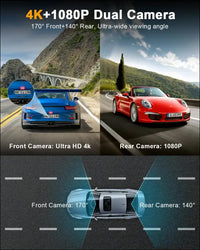 Dash Cam Car Front Rear 4K, WiFi Dash Cam with 64GB SD Card, Dash Cam Car with Reversing Assistant, Night Vision, 170° + 140° Wide Angle, 3 Inch IPS, Parking Monitoring,...