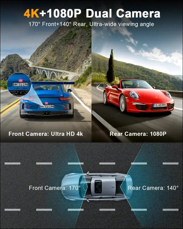 Dash Cam Car Front Rear 4K, WiFi Dash Cam with 64GB SD Card, Dash Cam Car with Reversing Assistant, Night Vision, 170° + 140° Wide Angle, 3 Inch IPS, Parking Monitoring,...