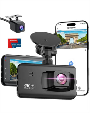 Dash Cam Car Front Rear 4K, WiFi Dash Cam with 64GB SD Card, Dash Cam Car with Reversing Assistant, Night Vision, 170° + 140° Wide Angle, 3 Inch IPS,
