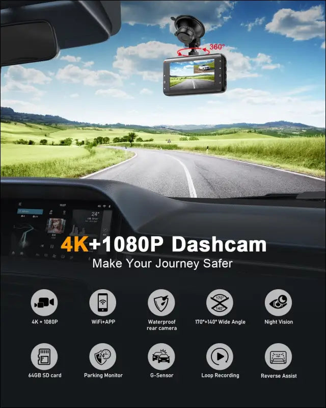 Dash Cam Car Front Rear 4K, WiFi Dash Cam with 64GB SD Card, Dash Cam Car with Reversing Assistant, Night Vision, 170° + 140° Wide Angle, 3 Inch IPS, Parking Monitoring,...
