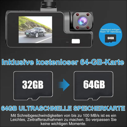 Dash Cam Car Front Rear and Indoor 1080P Full HD with 64GB SD Card, Car Camera with Parking Monitoring, Motion Detection, Infrared Night Vision, Loop Recording, WDR, Wide Angle...