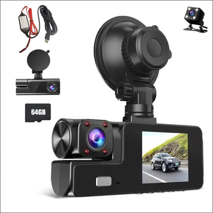 Dash Cam Car Front Rear and Indoor 1080P Full HD with 64GB SD Card, Car Camera with Parking Monitoring, Motion Detection, Infrared Night Vision, Loop Recording, WDR, Wide Angle...