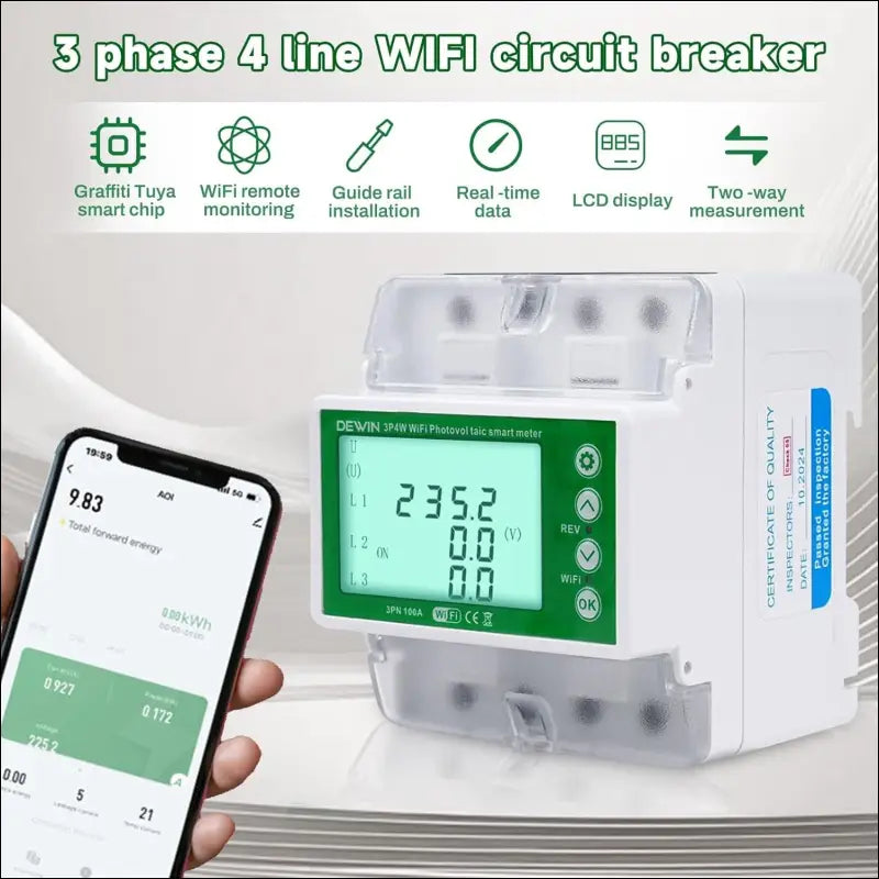 DEWIN Electricity Meter, 3 Phases, Three-Phase Meter, DIN Rail Tuya WiFi Photovoltaic Meter, 3 Phase Recloser Switch, Intelligent Reclosing Protector, 100 A