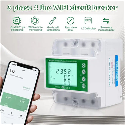 DEWIN Electricity Meter, 3 Phases, Three-Phase Meter, DIN Rail Tuya WiFi Photovoltaic Meter, 3 Phase Recloser Switch, Intelligent Reclosing Protector, 100 A