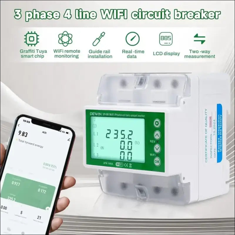 DEWIN Electricity Meter, 3 Phases, Three-Phase Meter, DIN Rail Tuya WiFi Photovoltaic Meter, 3 Phase Recloser Switch, Intelligent Reclosing Protector, 100 A