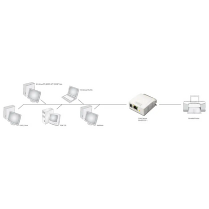 DIGITUS Fast Ethernet Print Server with Parallel Port, 1x RJ45, 1x DB-36-pin Male, Printer Server, DHCP Capable, TCP/IP, Easy Installation, Includes Power Supply, White