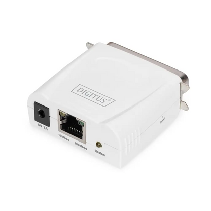 DIGITUS Fast Ethernet Print Server with Parallel Port, 1x RJ45, 1x DB-36-pin Male, Printer Server, DHCP Capable, TCP/IP, Easy Installation, Includes Power Supply, White