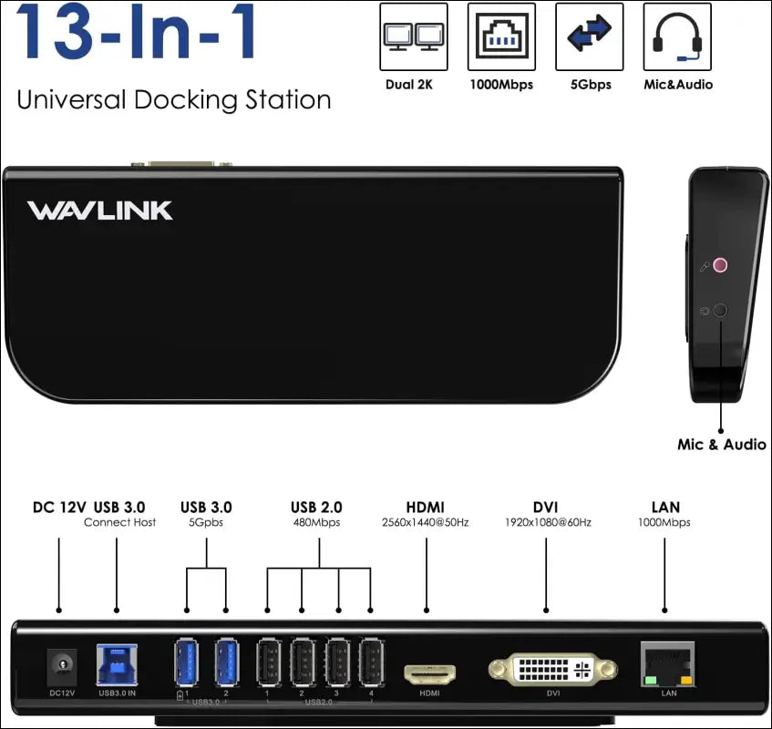 DisplayLink Universal Laptop Docking Station, USB 3.0/C Dual Video Monitor Supports HDMI/DVI/VGA to 2048 × 1152, Gigabit Ethernet, Audio Output/Inpu to 6 USB Ports for Laptop/Ultrabook/PCs