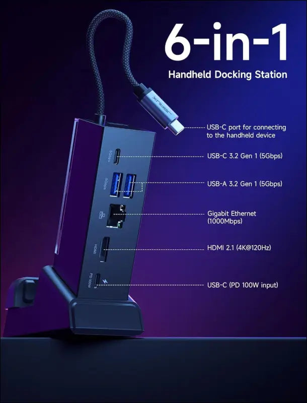 Docking Station for ROG Ally X/ROG Ally/Steam Deck/Legion Go, 6-in-1 ROG Ally X Dock with HDMI 4K@120Hz, Gigabit Ethernet, Dual USB-A 3.2 Gen 1, USB-C 3.2 Gen 1 and PD 100W Charging - HB0609