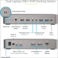 Dual-Laptop USB-C KVM Docking Station, Dual Monitor 4K 60Hz DisplayPort, 5-Port USB Hub, GbE, 90W/45W Power Delivery, Windows/Mac