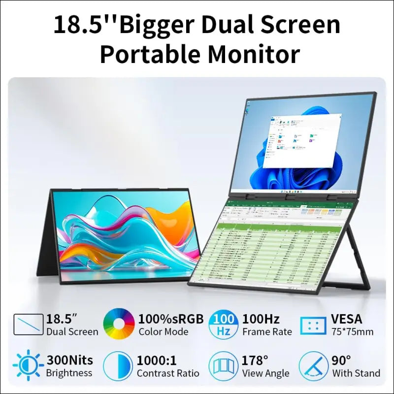 Dual Monitor 18.5" 100Hz，Portable Monitor for Laptop Extender| 1080P |100% Srgb|Plug & Play|Stand & VESA|Automatic Rotation| Extended Computer Display for Laptop PC Windows Mac
