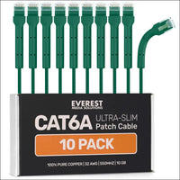 Everest Ultra Slim Cat6a Ethernet Patch Cables 0.5ft (10-Pack) Green - 6 Inch 10GB Cat 6a Patch Cable - Bendable