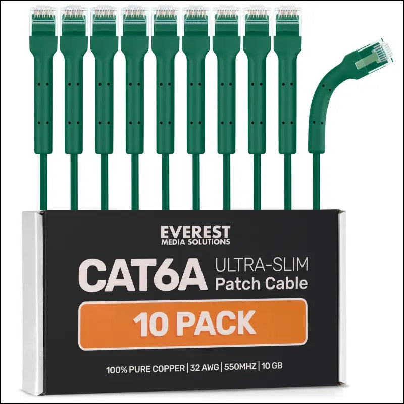 Everest Ultra Slim Cat6a Ethernet Patch Cables 0.5ft (10-Pack) Green - 6 Inch 10GB Cat 6a Patch Cable - Bendable