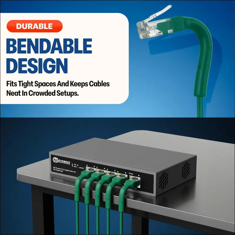 Everest Ultra Slim Cat6a Ethernet Patch Cables 0.5ft (10-Pack) Green - 6 Inch 10GB Cat 6a Patch Cable - Bendable