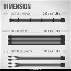 EZDIY-FAB 12VHPWR PSU Cable Extension Kit,16Awg PCIE 5.0 Power Supply Cable Extension- 1X 24 Pin ATX /2X 8Pin (4+4) EPS / 1X12+4 Pin Gpu,Sleeve Cable 300MM with Combs-Black