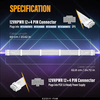 EZDIY-FAB 16AWG Pci-E 5.0 12VHPWR PSU Sleeved Cable, 600W 12+4 Pin Male to 12+4 Pin Male Cable for RTX 3090Ti/4070Ti/4080/4090, 60Cm/23.62In-Pure White