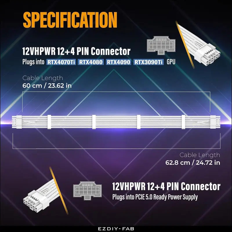 EZDIY-FAB 16AWG Pci-E 5.0 12VHPWR PSU Sleeved Cable, 600W 12+4 Pin Male to 12+4 Pin Male Cable for RTX 3090Ti/4070Ti/4080/4090, 60Cm/23.62In-Pure White