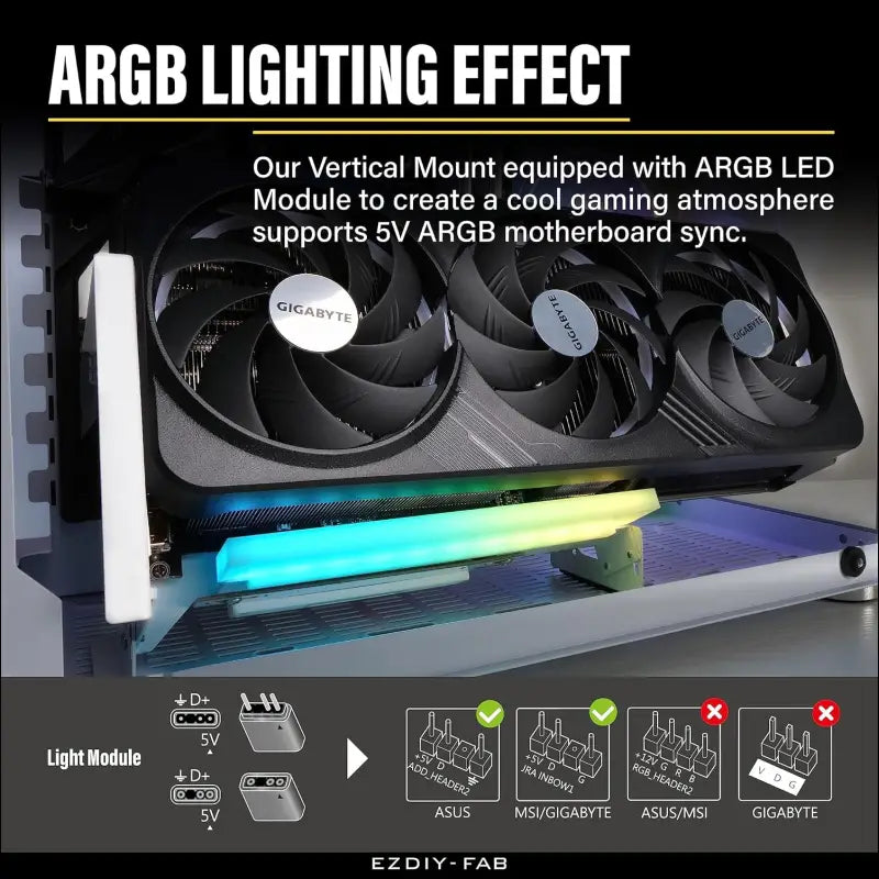 EZDIY-FAB Pcie 4.0 GPU Mount Bracket Graphic Card Holder Multi-Angle Adjustment with 5V 3 Pin ARGB LED Module, Video Card VGA Support Kit with Pcie 4.0 X16 Gen4 17Cm/6.69In White Riser Cable