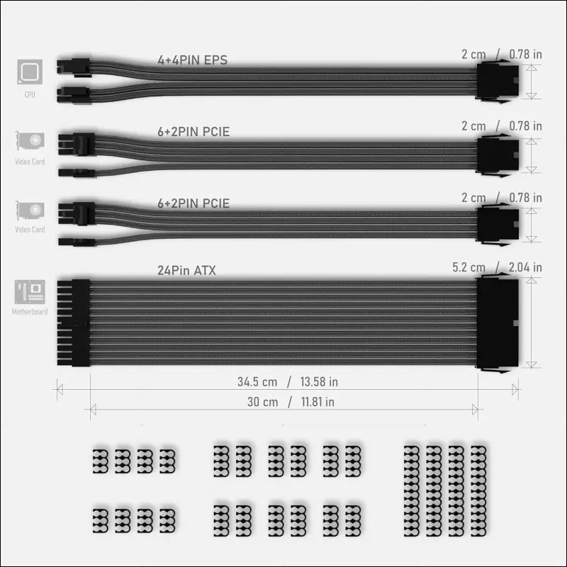 EZDIY-FAB PSU Cable Extension Sleeved Custom Mod GPU PC Power Supply Soft Nylon Braided with Comb Kit 24PIN/8PIN to 6+2Pin/ 8PIN to 4+4PIN-30CM 300MM - Black