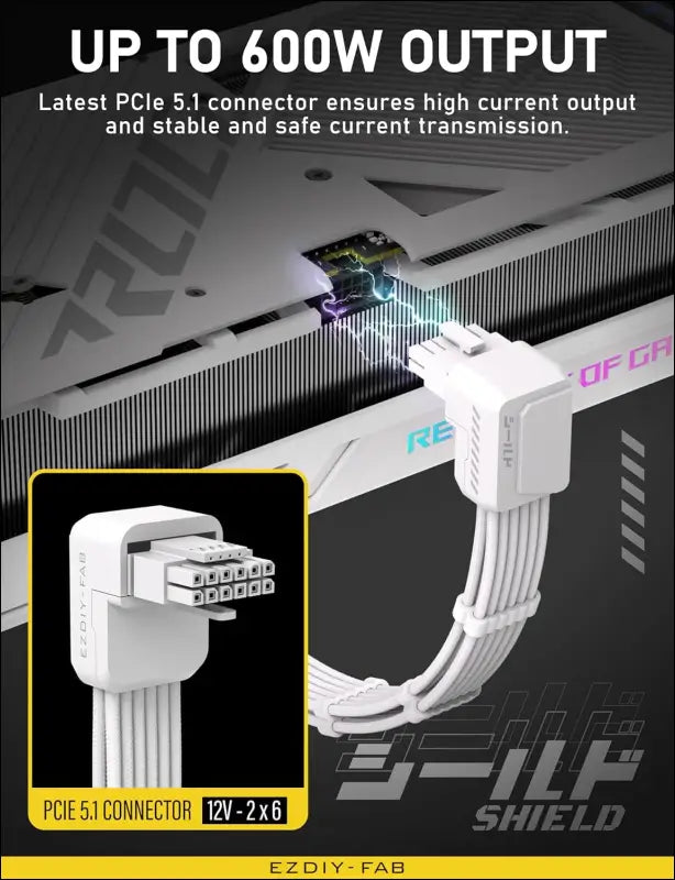 EZDIY-FAB Shield PCIE 5.1 GPU Extension Cable with 90 Degree 12V-2X6 Angle Adapter,16Pin (12+4) 12VHPWR Pcie 5.1 PSU Cable Extension for RTX 40 Series with Combs-Standard Type-White