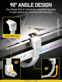 EZDIY-FAB Shield PCIE 5.1 GPU Extension Cable with 90 Degree 12V-2X6 Angle Adapter,16Pin (12+4) 12VHPWR Pcie 5.1 PSU Cable Extension for RTX 40 Series with Combs-Standard Type-White