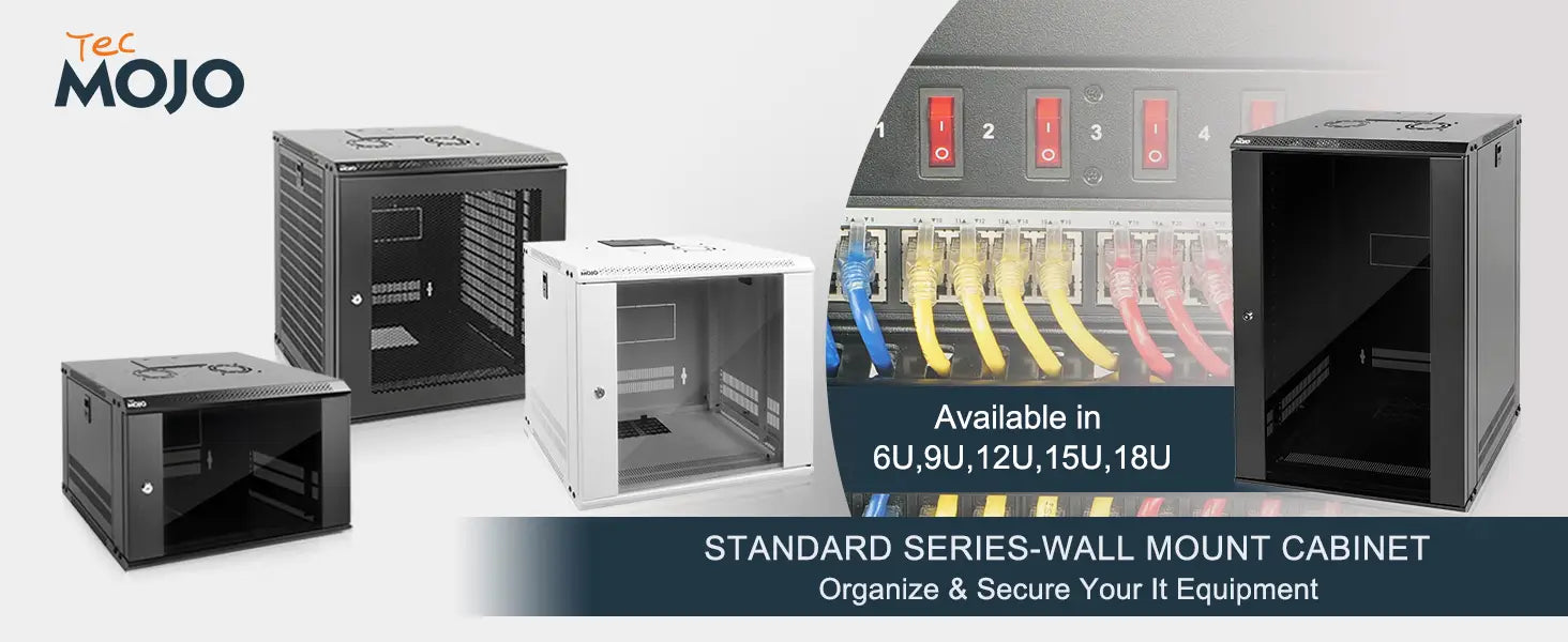 Tecmojo 18U Wall Mount Network Cabinet Data Server Rack Enclosure with Lockable Glass Door and Side Panels 50 kg /110