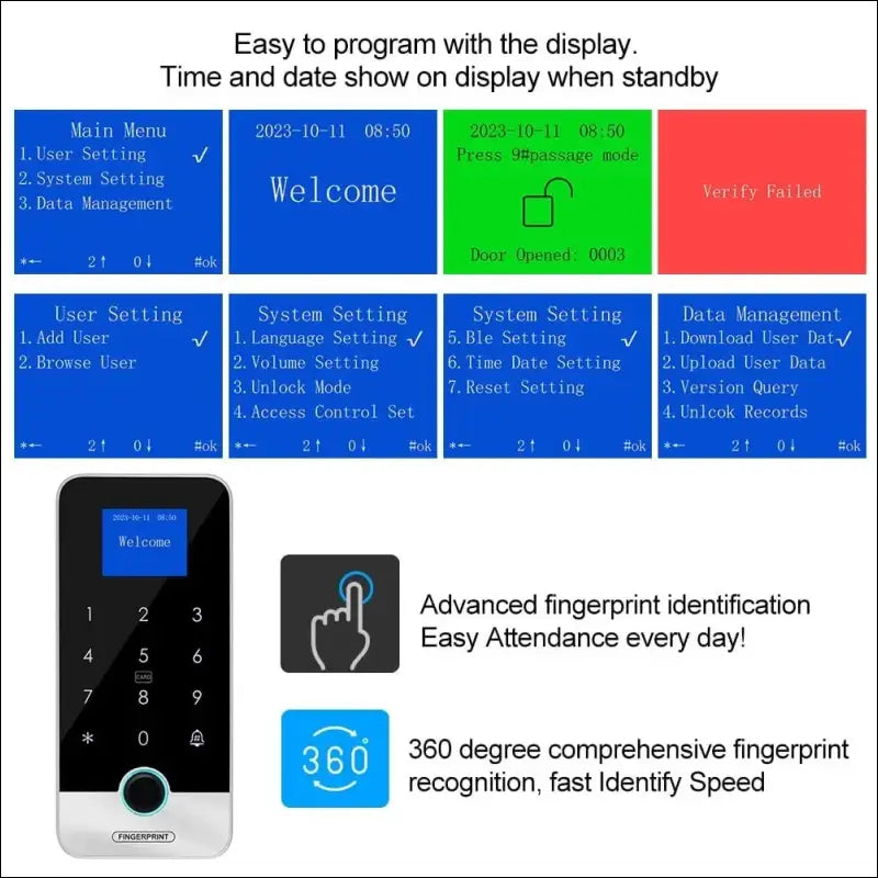 FUSYTULY Bluetooth Tuya RFID Access Control Keypad Fingerprint Biometrics System IP65 Waterproof 13.56MHz RFID Access Controller Touch Keyboard with Screen + 10pcs Keyfobs