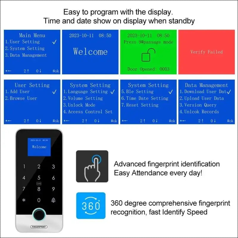 FUSYTULY Bluetooth Tuya RFID Access Control Keypad Fingerprint Biometrics System IP65 Waterproof 13.56MHz RFID Access Controller Touch Keyboard with Screen + 10pcs Keyfobs