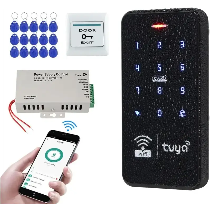 FUSYTULY Waterproof Door Access Control System Kits WiFi Tuya Access Controller 125KHz 13.56MHz RFID Keyboard + DC12V 3A Power Supply + 10PCS Keychains (Kit S20Tuya-Without Lock)