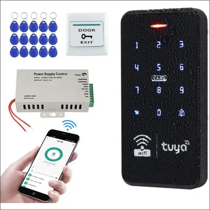 FUSYTULY Waterproof Door Access Control System Kits WiFi Tuya Access Controller 125KHz 13.56MHz RFID Keyboard + DC12V 3A Power Supply + 10PCS Keychains (Kit S20Tuya-Without Lock)