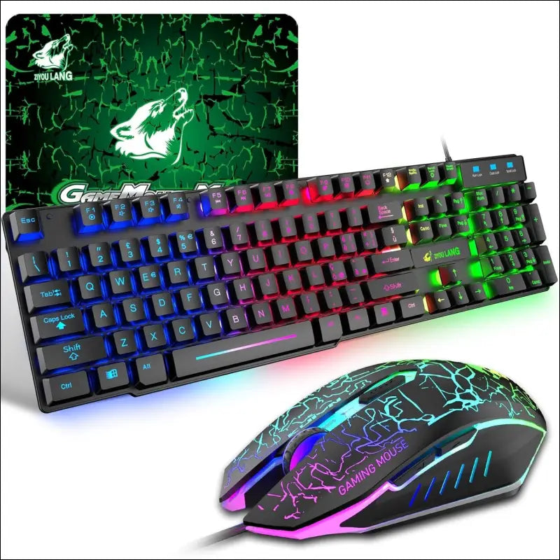 Gaming Keyboard and Mouse Set, Italian Layout Rainbow LED Backlight Ergonomic Keyboard 6 Buttons 2400 DPI Mouse and Mouse Pad, USB Wired, Compatible with PS4 Xbox, Black
