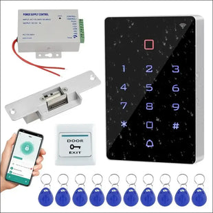 Gaocinys WiFi Tuya App Access Control System Kit RFID Access Control Keyboard, 12VDC Power Supply, Fail-Secure Electric Strike Lock, Door Switch Button, 125 KHz RFID Badge Keyring