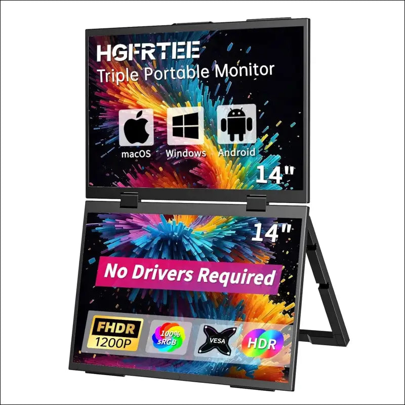 HGFRTEE Portable Monitor 14 Inch 1200P 100% sRGB Laptop Screen Extender, USB-C HDMI Triple Monitor, Dual Screen Foldable with Stand & VESA Mountable for Laptop PC Mac Windows