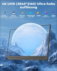 HONGO Portable Monitor 4K 15.6" 3840x2160 UHD Laptop Monitor Screen IPS 100% sRGB, Extender Display with Speakers & HDMI/USB C Port, Second Screen for...