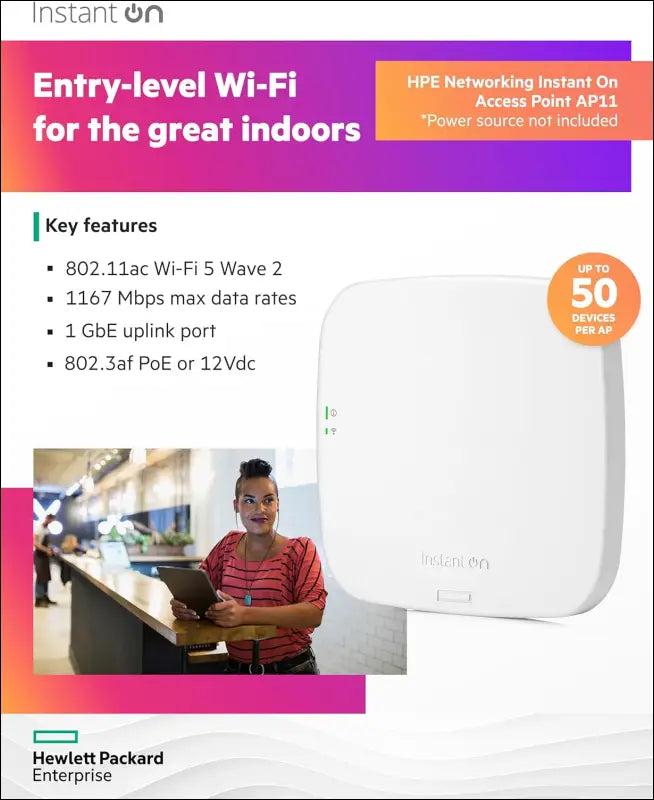 HPE Networking Instant on Access Point AP11 2X2 Wifi 5 Indoor Wireless Access Point | Power Source Not Included | RW Rest-Of-World Model (R2W96A)
