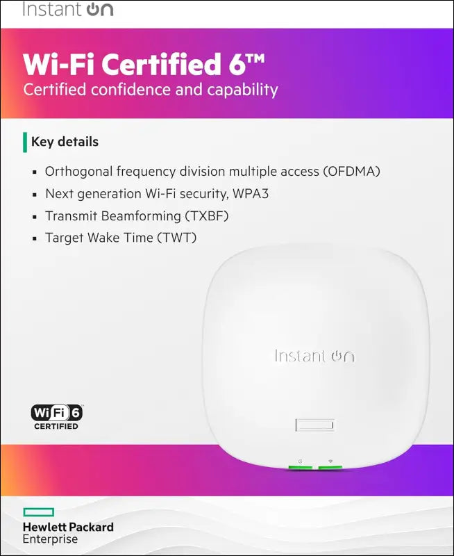 HPE Networking Instant on Access Point AP21 2X2 Wifi 6 Indoor Wireless Access Point | Single-Room, Secure, Smart Mesh Support | Power Source Included | RW Rest-Of-World Model (S1T15A)