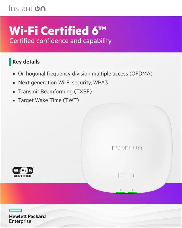 HPE Networking Instant On Access Point AP21 2x2 WiFi 6 Indoor Wireless Access Point | Single-Room Secure Smart Mesh