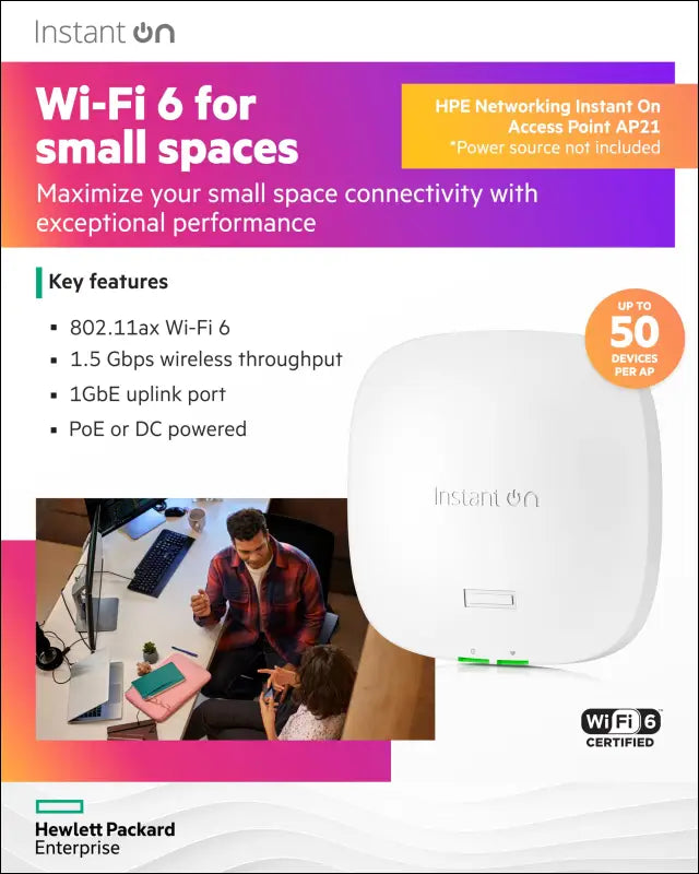 HPE Networking Instant On Access Point AP21 2x2 WiFi 6 Indoor Wireless Access Point | Single-Room Secure Smart Mesh