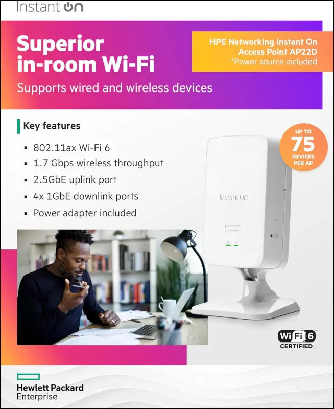HPE Networking Instant on Access Point AP22D 2X2 Wifi 6 Indoor Wireless Access Point | Single-Room, Secure, Smart Mesh Support | Power Source Included | AU Model (S0J34A#ABG)