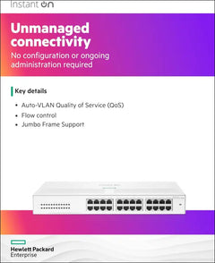 HPE Networking Instant on Switch Series 1430 24-Port Gb Unmanaged Layer 2 Ethernet Switch | 24X 1G | Fan-Less | AU Cord (R8R49A#ABG)